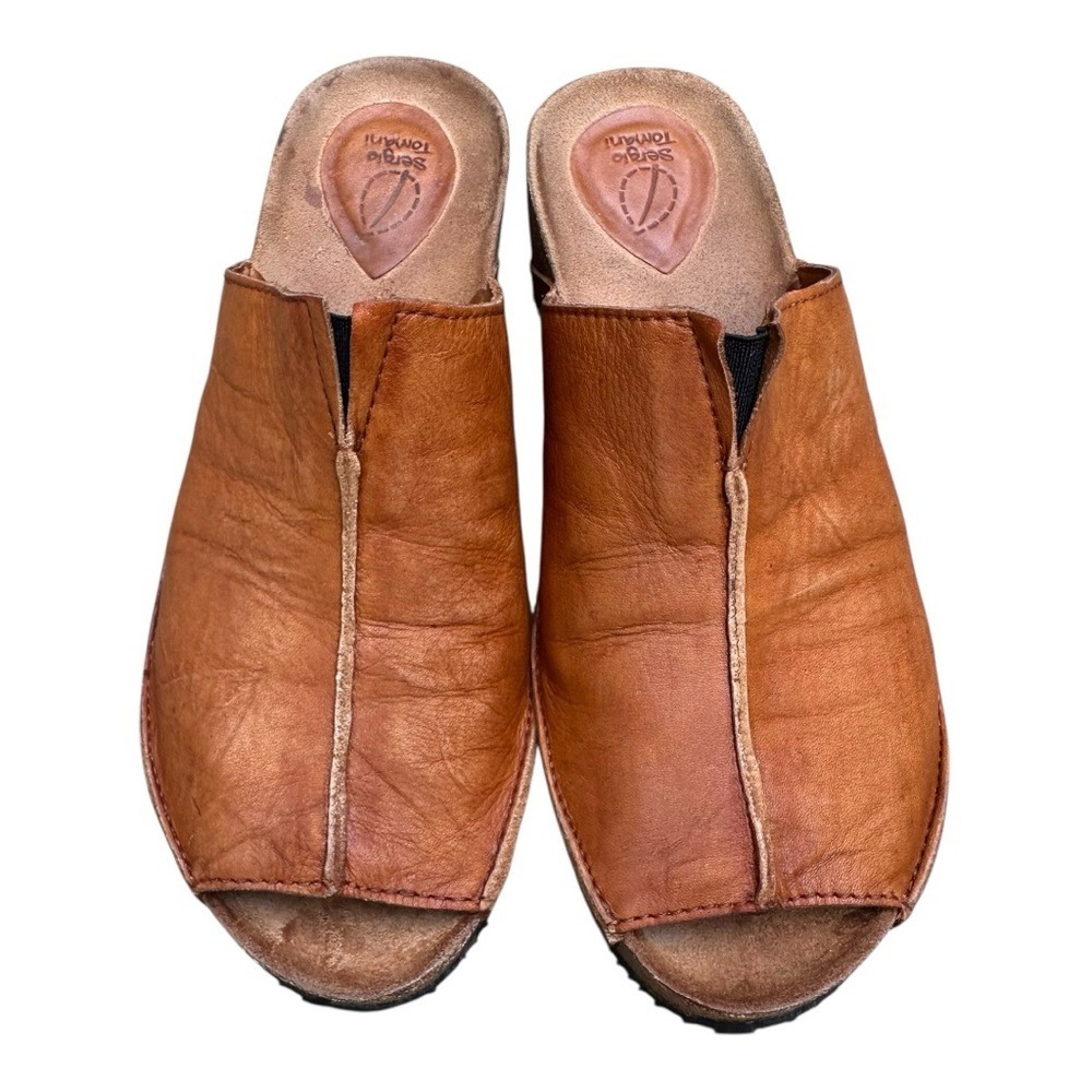 Sergio Tomani Cognac Brown Leather Wedge Mules Shoes Handmade EU 39 US 8.5 Clogs